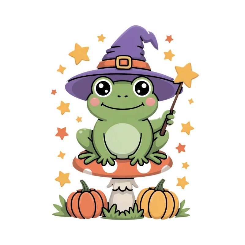 Witch frog on toadstool with pumpkins