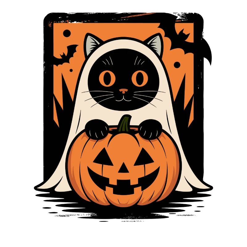 Cat Halloween Ghost Cat with Pumpkin Bat