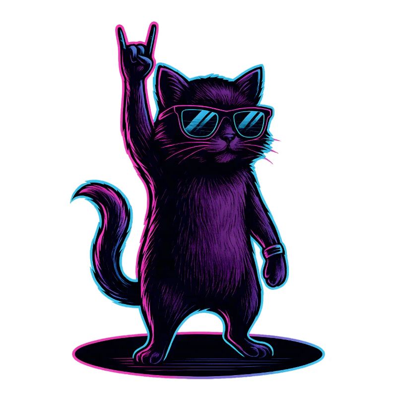 Synthwave Kater Katze mit Rockhand Pose
