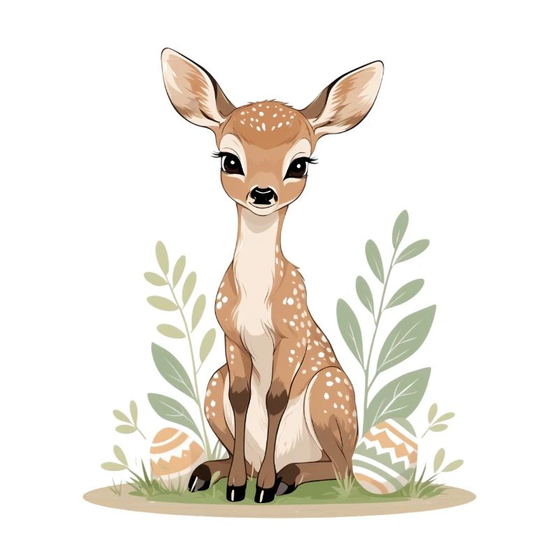 Fawn in spring with leaves