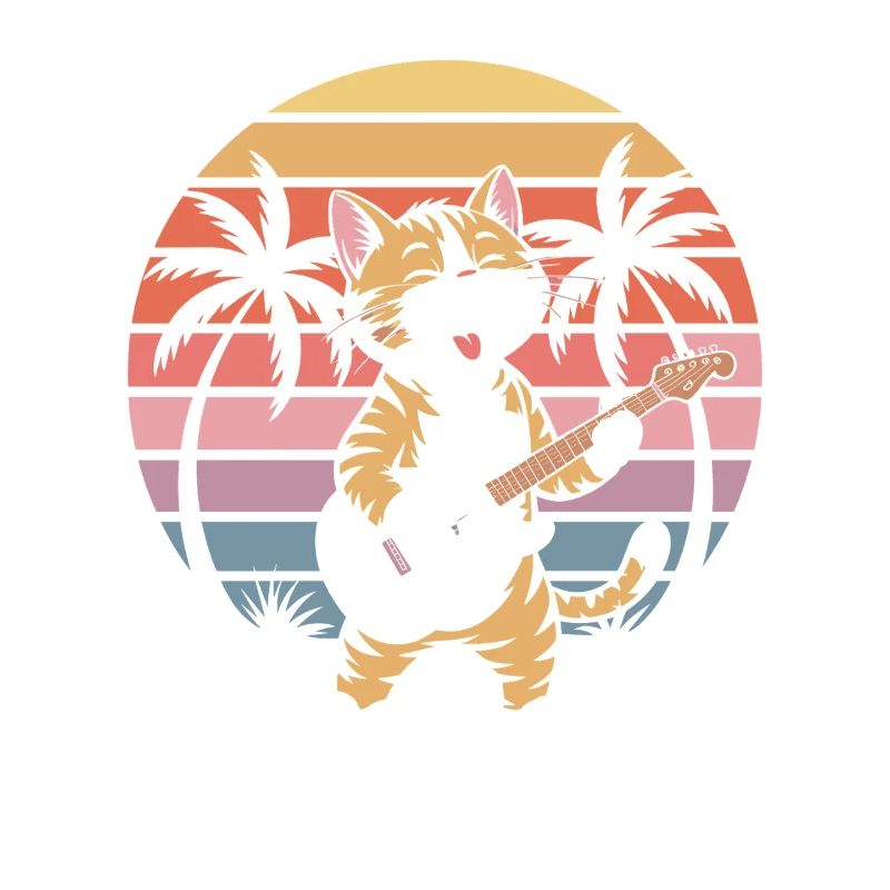 Chat de plage avec guitare dans un coucher de soleil rétro