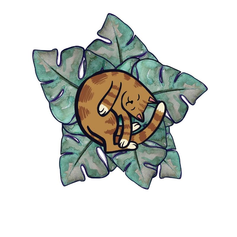 Katzenschlaf auf Monstera-Blättern