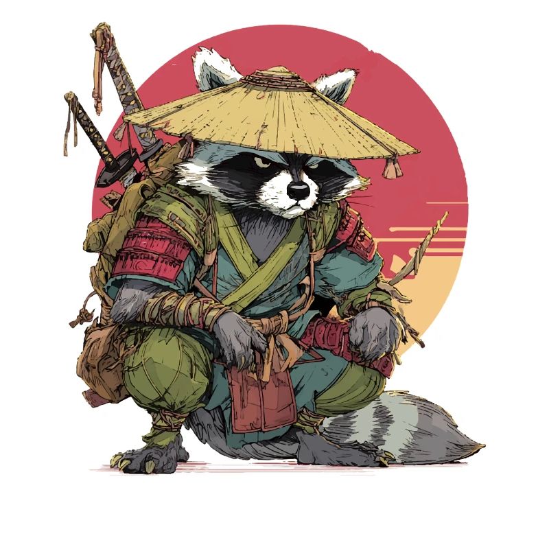 Raccoon Samurai with Straw Hat