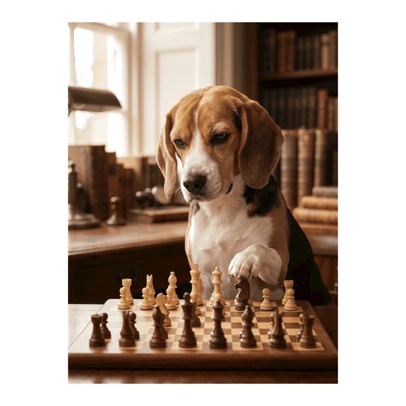 Beagle dog playing chess