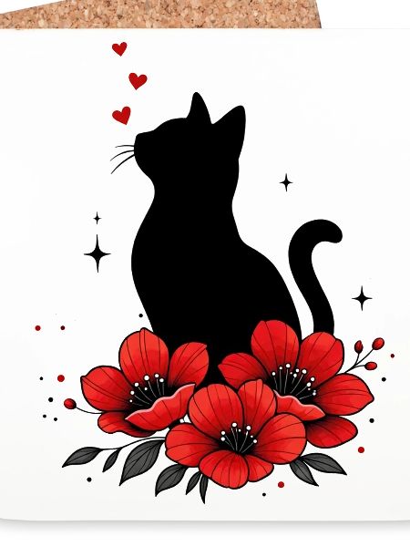 Schwarze Katze & Rote Mohnblume