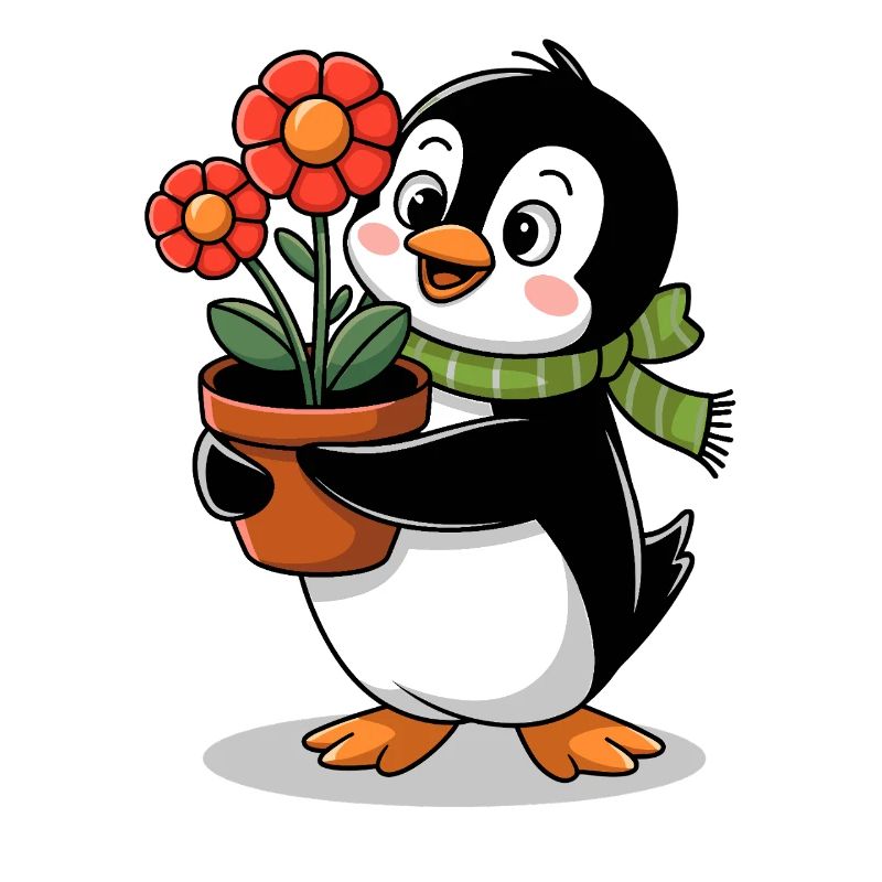 Pingouin avec pot de fleurs dans le jardin pour jardinier