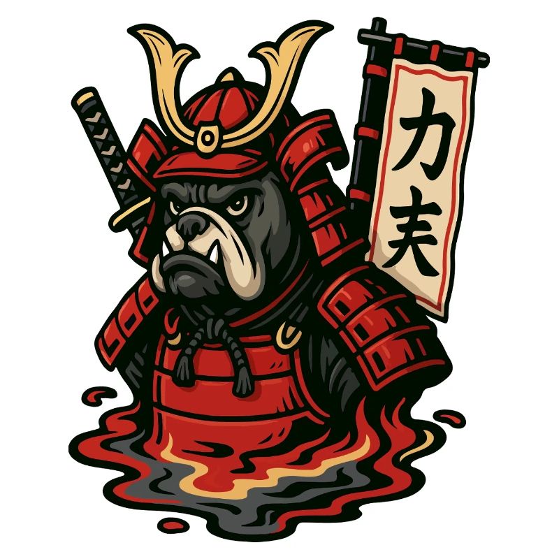 Samurai-Bulldogge in feuriger Rüstung