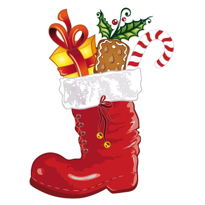 Santa Claus boot with sweets and gift.