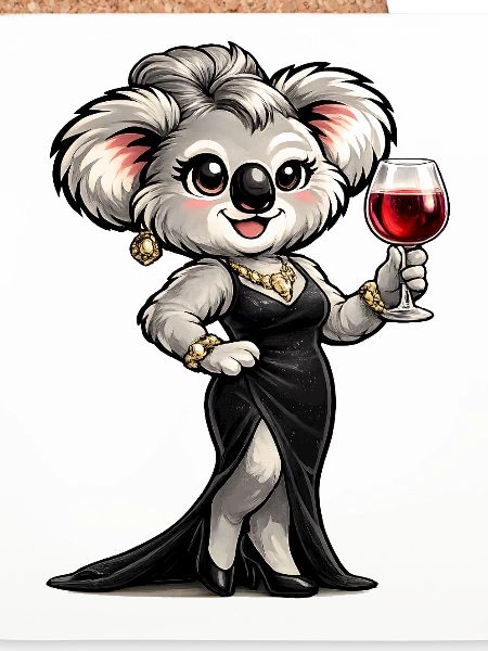 Koala-Dame im Abendkleid mit Rotwein