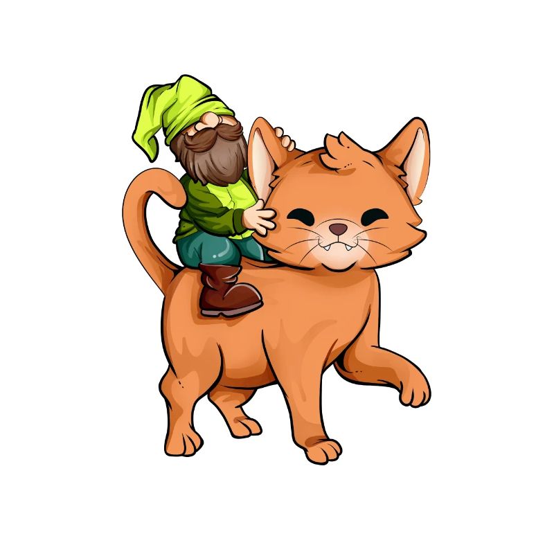 Gartenzwerg reitet Katze