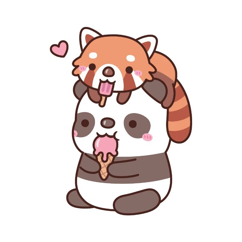 Mignon panda roux et panda mangeant de la crème glacée