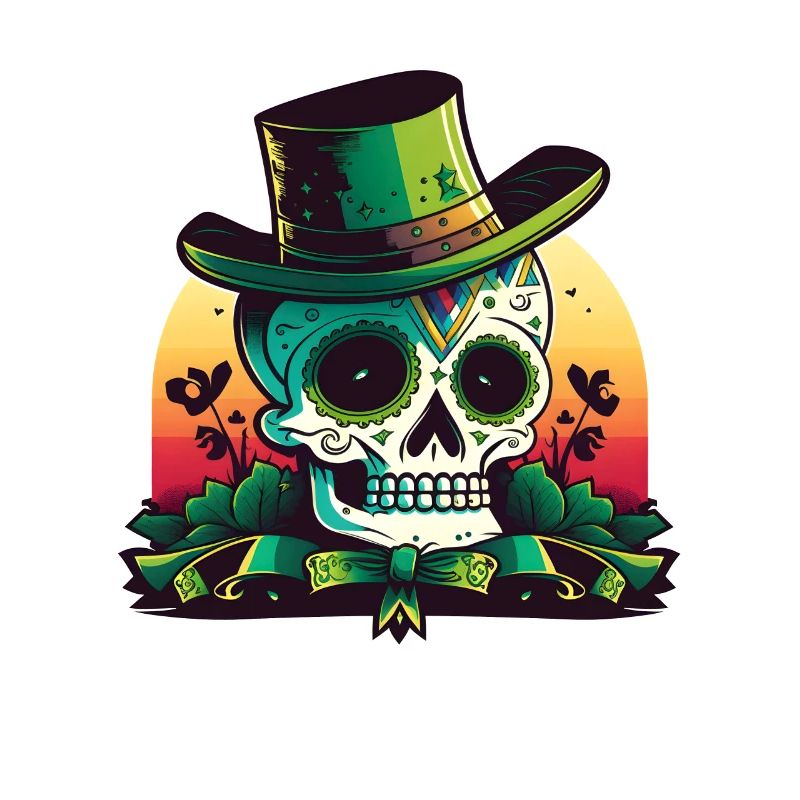 Sunset Sugar Skull Wearing A Hat St Patrick"s Day