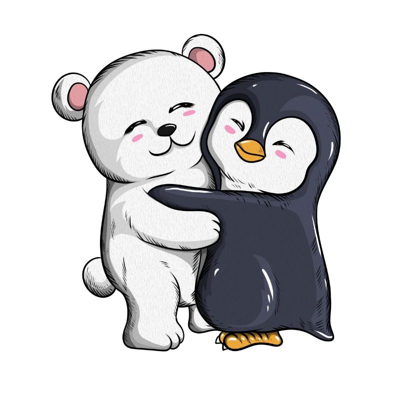 Polar bear penguin cuddle hugs penguins
