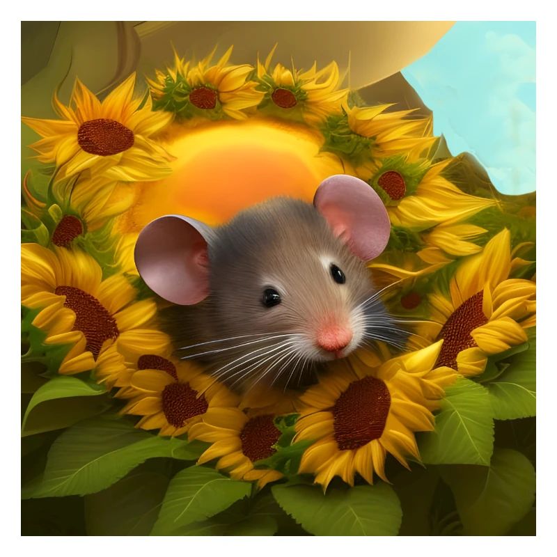 Mouse among sunflowers