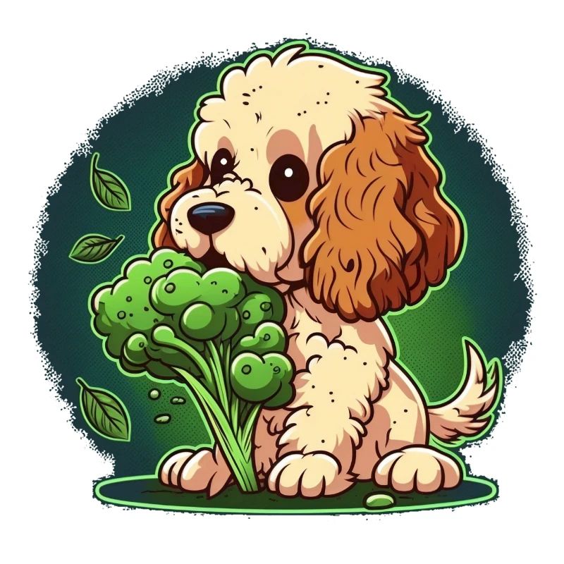 Cute dog eats green broccoli green vegetables