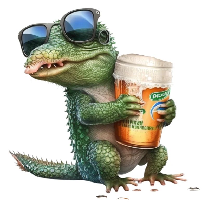 Krokodil genießt Bier mit Sonnenbrille