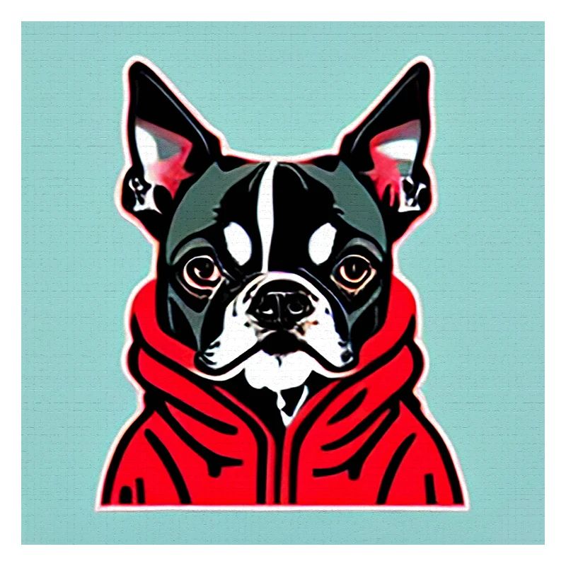 Boston Terrier dans un sweat à capuche rouge