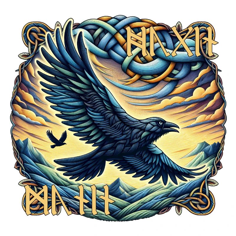 Hugin & Munin - Odin's raven with runic script