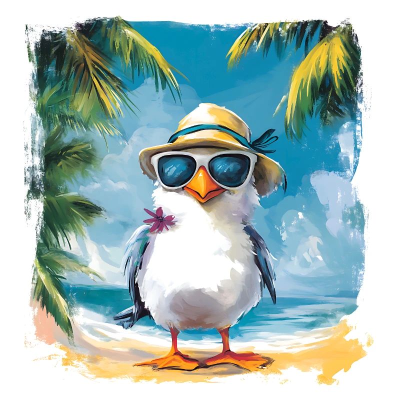 Funny bird goes under palm trees