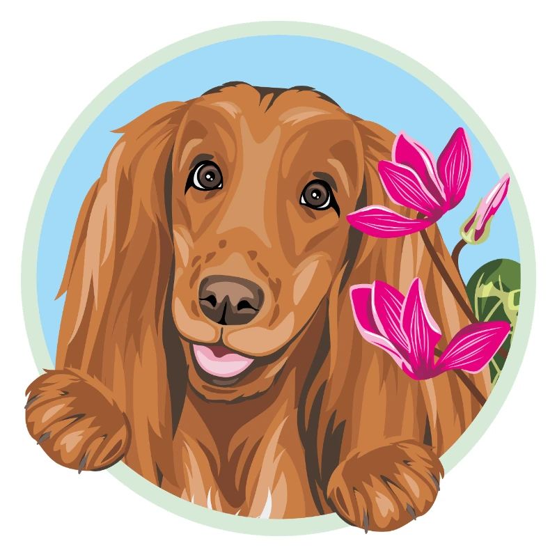 Fröhlicher Cocker Spaniel Hund mit rosa Blüten