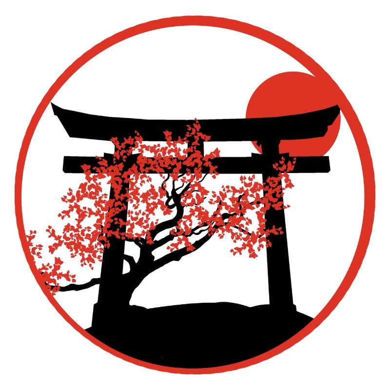 Serene Sunset: Torii Gate and Cherry Tree