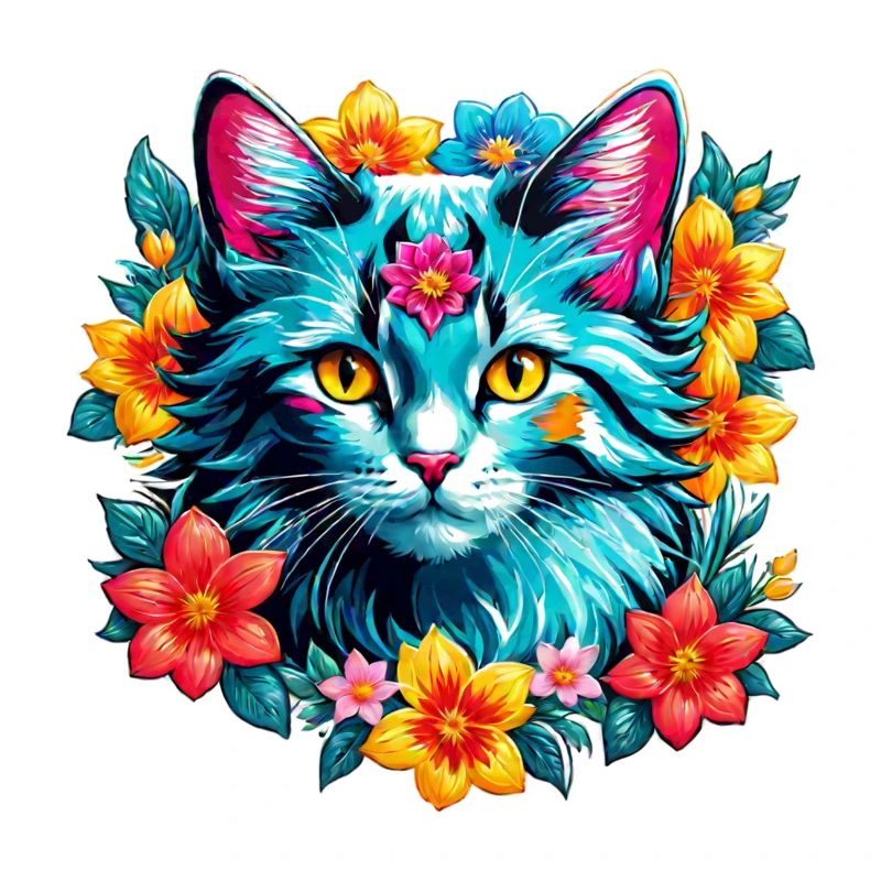 chat et fleur aquarelle