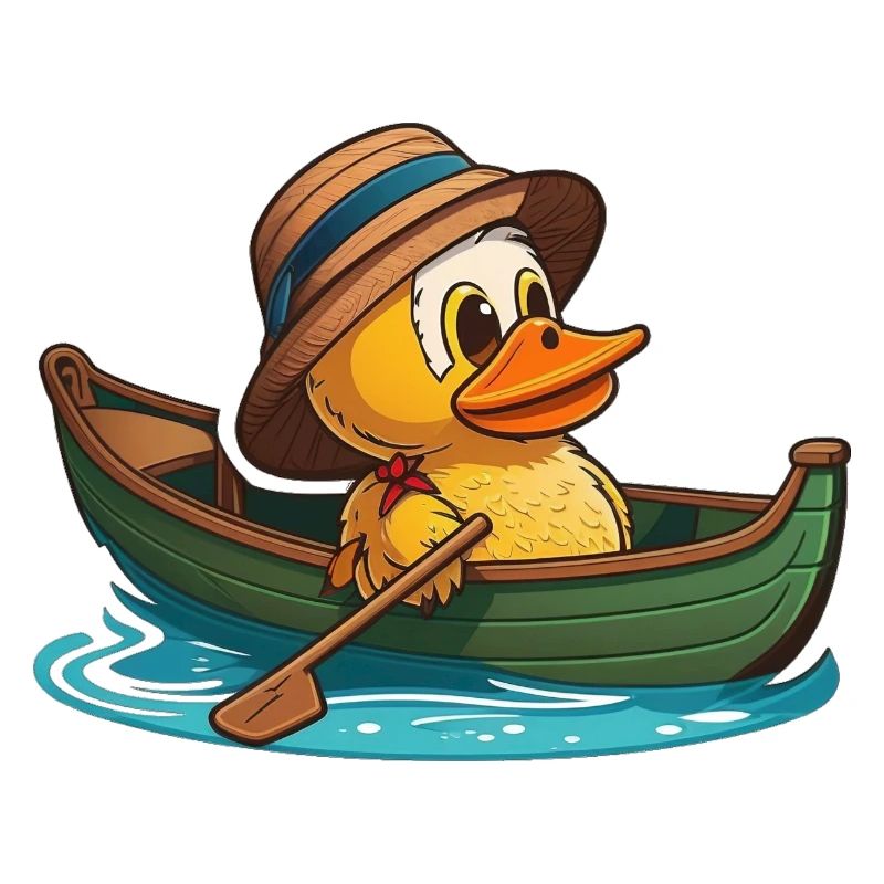 Canard mignon en bateau à rames avec chapeau d’été et fleur
