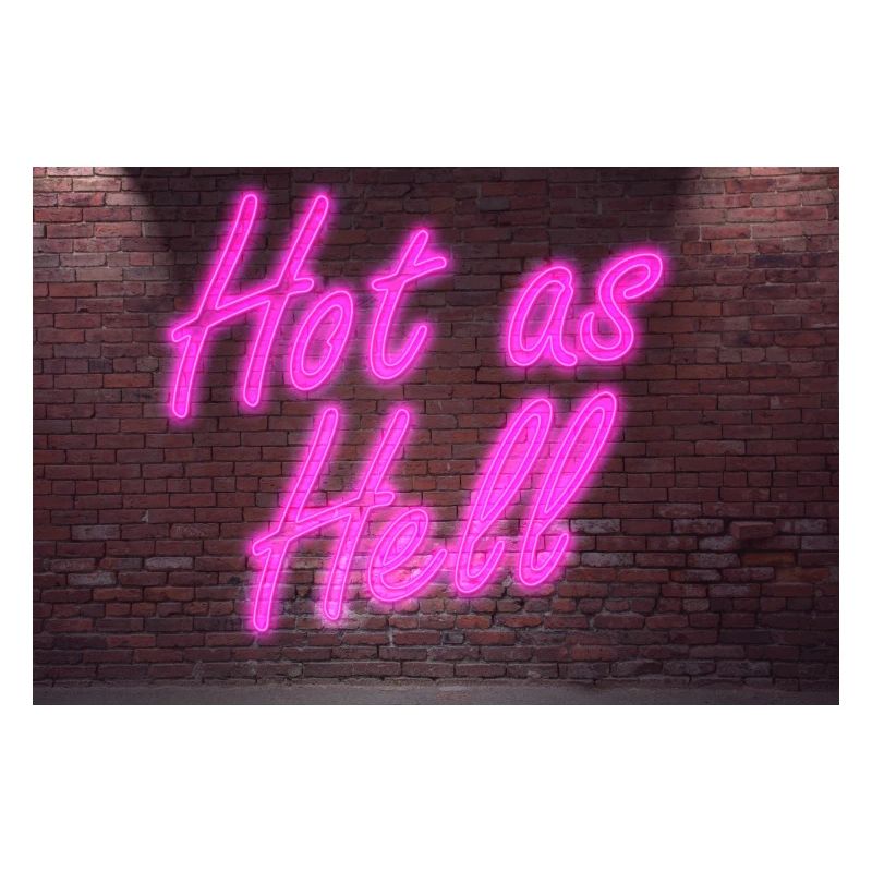 Neon sign Hot as Hell on brick wall