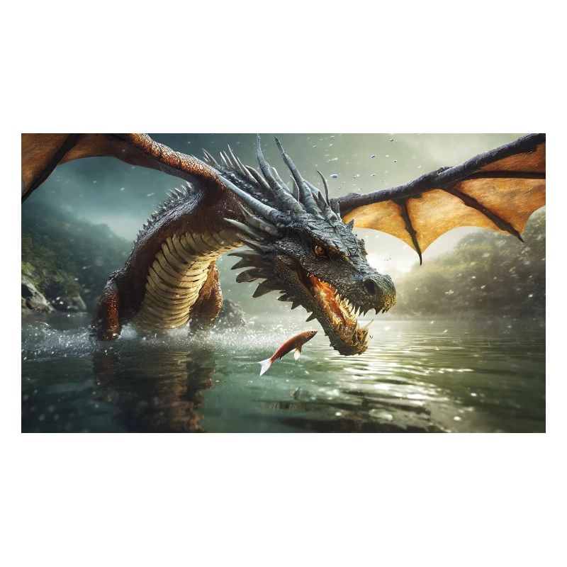 A realistic bad dark dragon is hunting fish