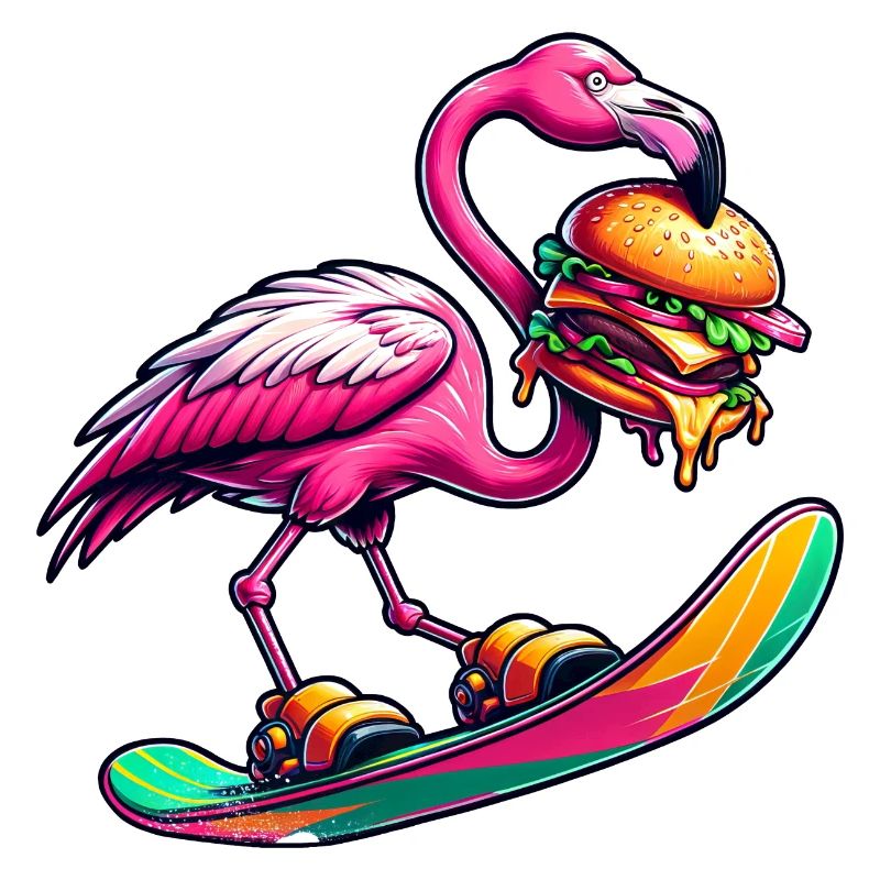 Flamingo Snowboarder mit Burger