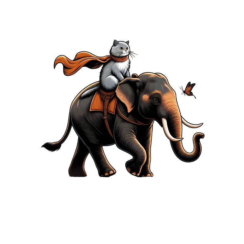 Fier chat chevauchant un éléphant