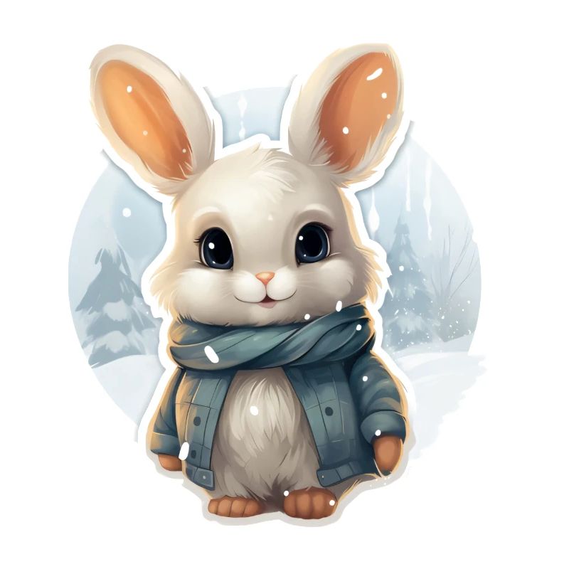 Lapin dans la neige avec écharpe et veste