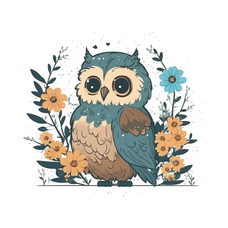 Hibou mignon dans la forêt de fleurs 1