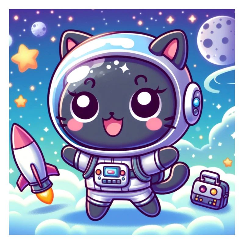 Space Kitty dans l’espace avec fusée et sac