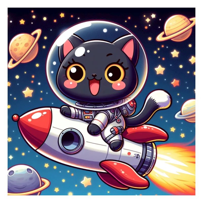 Chat mignon de l’espace sur une fusée dans l’espace