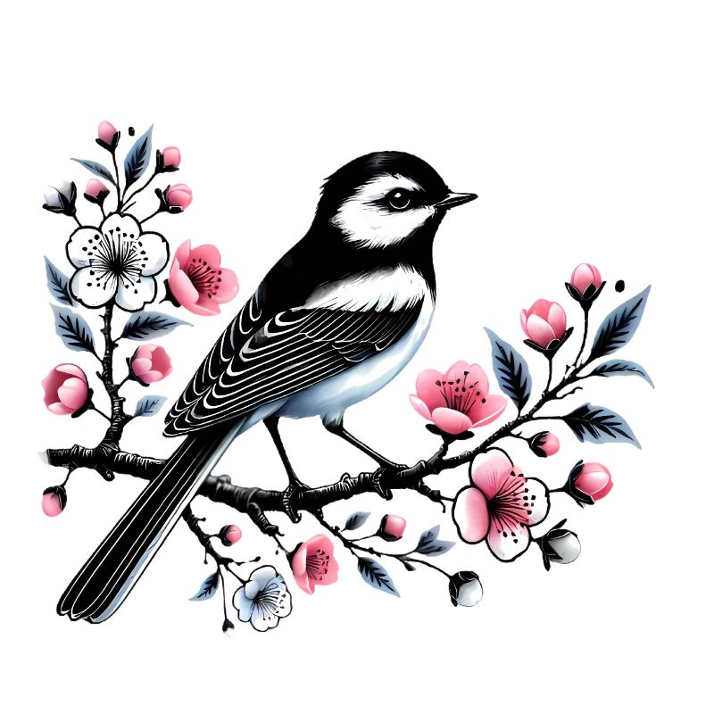 Chicadée sur le dessin d’une branche fleurie