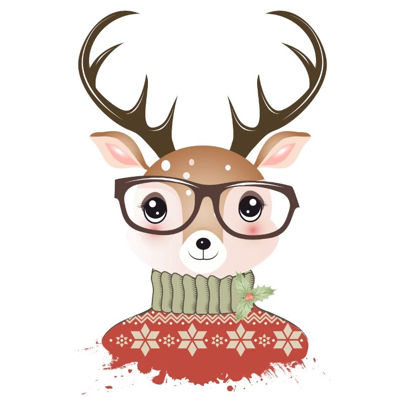 Hirsch mit Weihnachtspullover und Nerd Brille