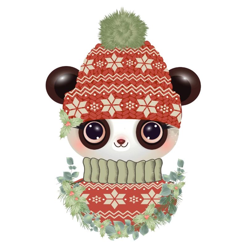 niedlicher Panda mit Pullover,Bommelmütze & Kranz