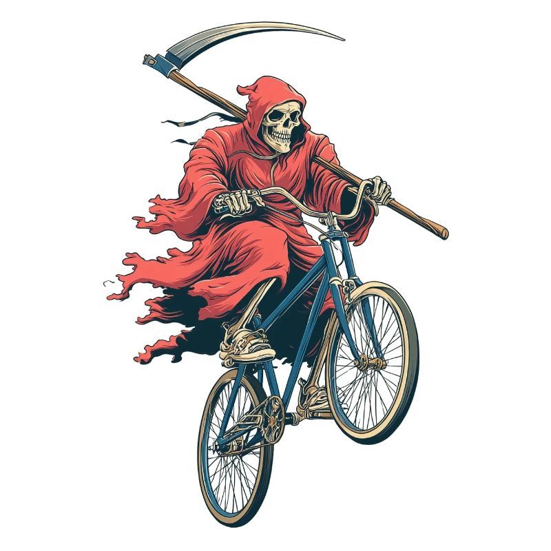 Skeleton in red cape on bicycle