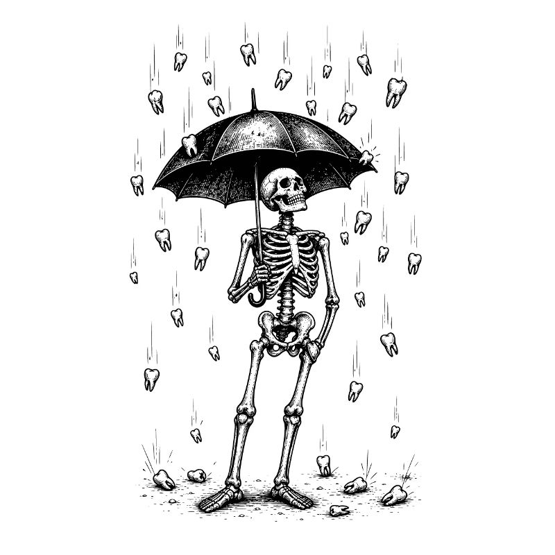 Skeleton in Tooth Rain with Umbrella