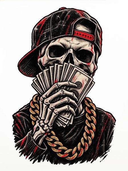 Schädel-Hustler mit roter Kappe