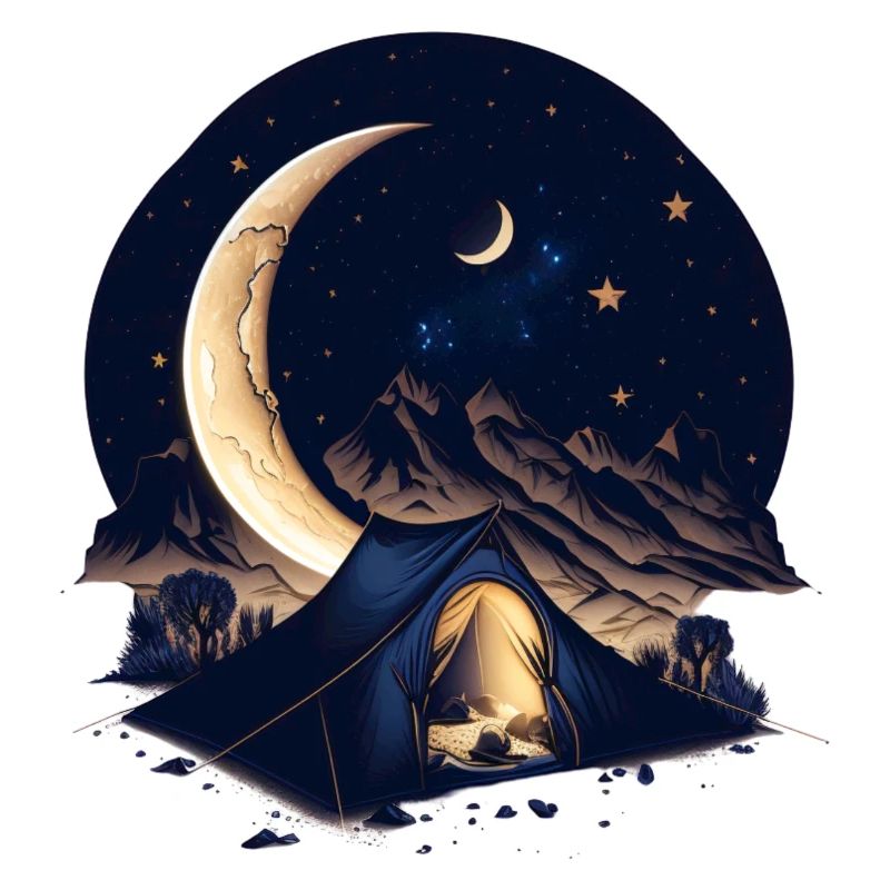 Tent in the moonlight with mountains