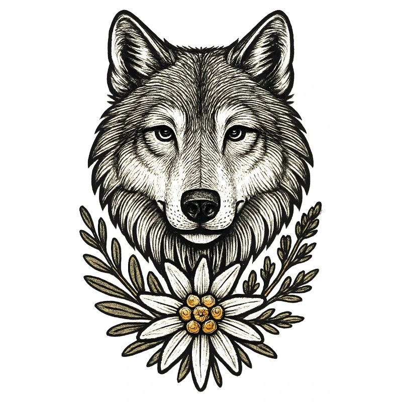 Wolfkopf mit Blumenkranz