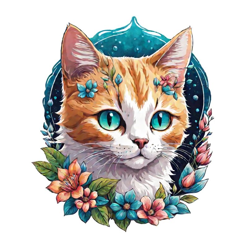 chat et fleur aquarelle