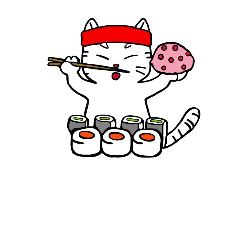 Cat eats sushi with chopsticks