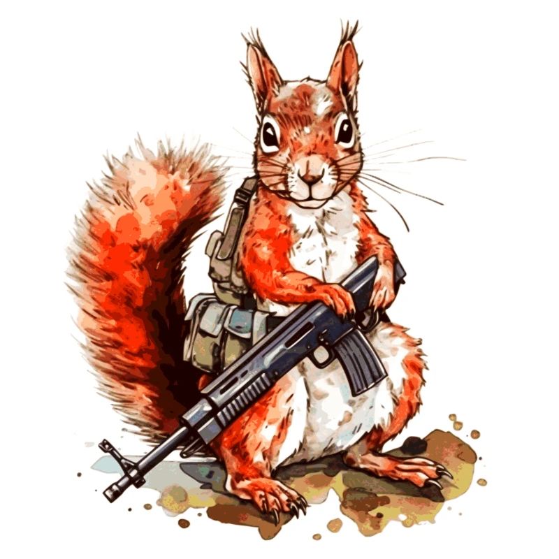 Squirrel with machine gun is armed