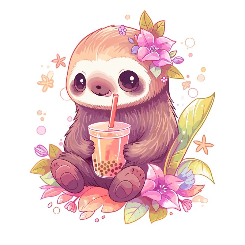 Kawaii Sloth Drinks Boba Bubble Tea Chibi