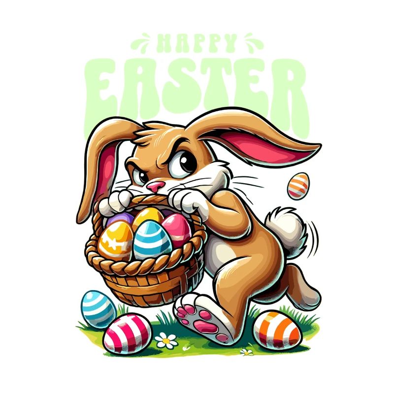 Happy Easter: Playful bunny with Easter eggs