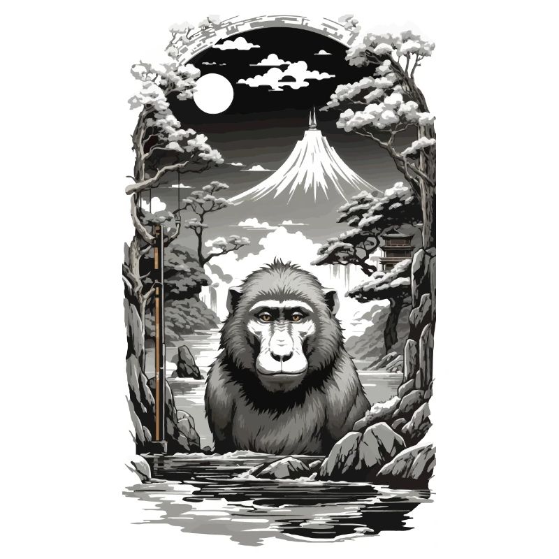 Asian Monkey Ukiyo-E Hot Spring Design