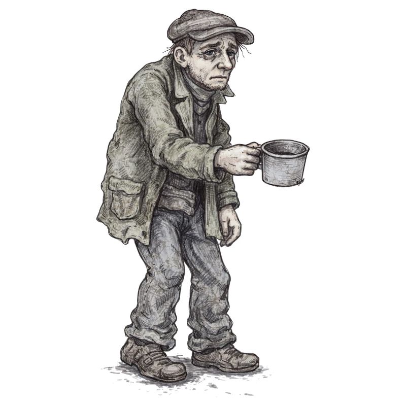 Trauriger Bettler | Straßenwanderer Becher